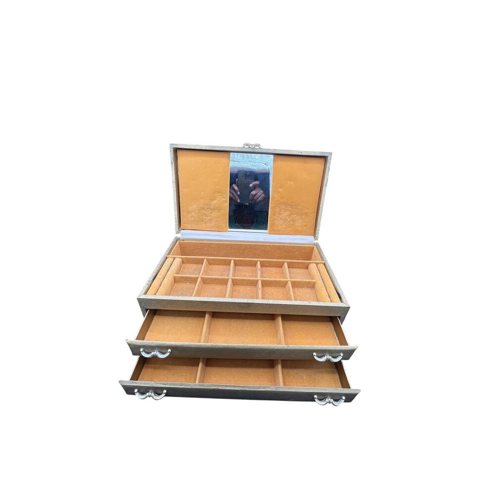 ✨ Vintage Gold Brocade Jewelry Box Mirror 3 Drawer Ring Organizer Vanity Storage - Picture 3 of 16